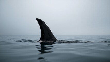 Naklejka premium Orca Fin Emerges from the Calm Waters, A Glimpse of Majesty in the Sea.