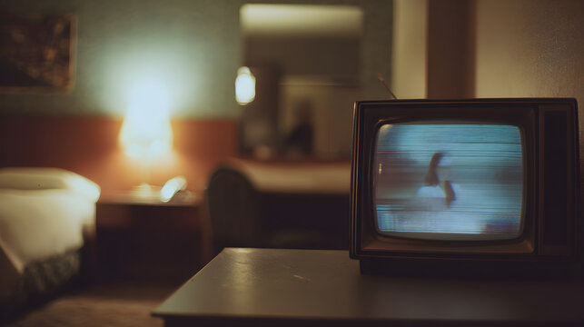 Moody retro hotel suite with vintage decor and soft lighting featuring an outmoded TV showing hazy news scene of a woman in muted tones evoking early 2010s nostalgic ambiance
