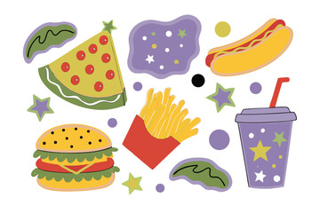 Feast of Delights: A cheerful arrangement of cartoon fast food, including pizza, burger, hotdog, fries, and a soda.