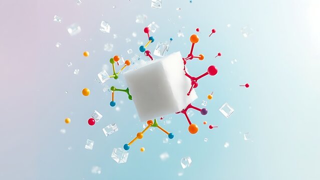 Floating sugar cubes dissolving into vibrant molecular structures, depicting metabolic balance.