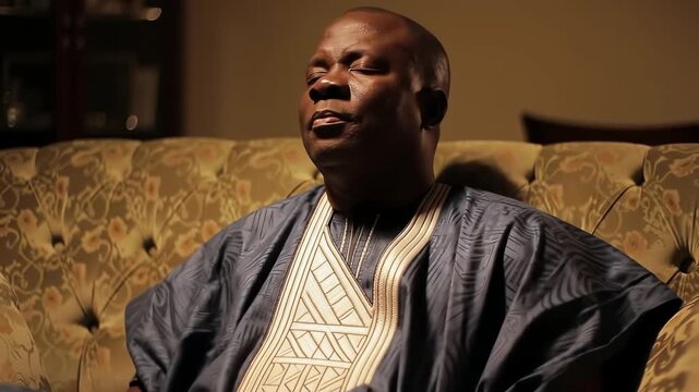 Contemplative African man in traditional attire sitting on a sofa with a pensive expression at home