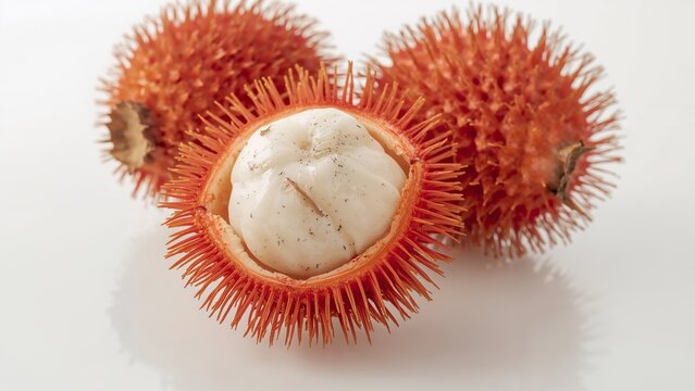 Fresh Pulasan Fruits CloseUp on a White Background, Showing the Juicy Pulp.