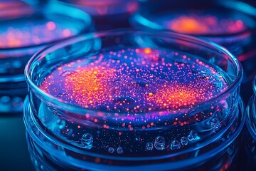 A close-up macro shot of vibrant chemical reactions in a petri dish,.
