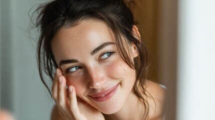 Fototapeta premium beauty girl looking at mirror while touching her face and checking pimple wrinkles and bags under the eyes during morning beauty routine happy smiling beautiful young woman applying moisturizer no l