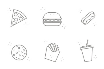 Simplified Food Icons: A set of minimalist line art illustrations of classic fast food items, perfect for menus or design projects. Clean, concise, and easily recognizable.