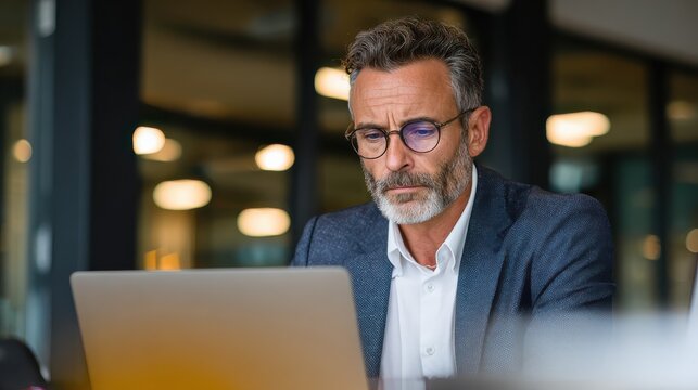 mature business man executive manager looking at laptop computer watching online webinar training or having virtual meeting video conference taking notes doing market research working in office no lo