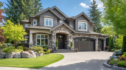 beautiful exterior of newly built luxury home yard with green grass and stone no logos no brands ar 169