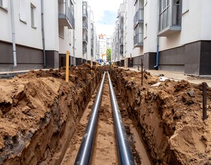 New pipes laid in a trench between buildings