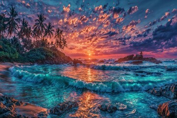 Beautiful red and orange summer sunset over the tropical sea with golden clouds and sun on the horizon