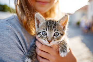 Girl holding a small tabby kitten with blue eyes