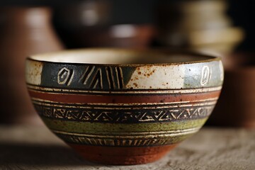 Close up of a beautifully handcrafted ceramic bowl with intricate patterns and earthy tones displayed in soft lighting