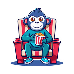 Funny Monkey Eating Popcorn While Watching Movie in Cinema Chair – Hilarious Vector Art for Entertainment and Humor Projects