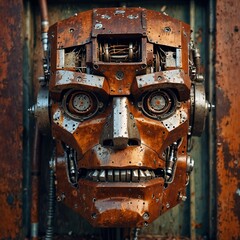 An old robot with a face crafted from garbage, symbolizing the fusion of recycled materials and futuristic technology in a surreal new age era.