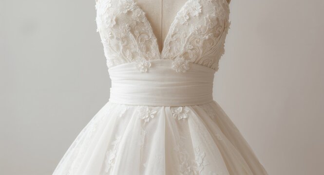 Closeup of an Elegant Wedding Dress with Floral Lace, Sash, and Tulle Skirt