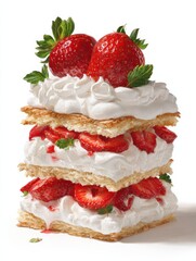 a beautifully layered strawberry shortcake with fresh whipped cream and juicy strawberries on top isolated white background