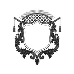 Obraz premium Elegant Vintage Heraldic Shield Frame with Floral Ornaments Tassels and Decorative Elements Isolated on White Background Perfect for Logo Designs