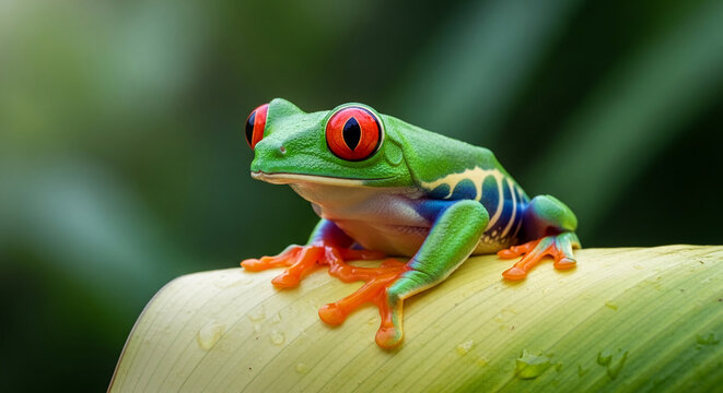 Close-up of red-eyed tree frog on green leaf, showcasing vibrant colors and detailed texture, symbolizing rainforest wildlife and natural beauty