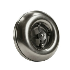 A classic electric school bell, polished round metal with a visible clapper, vintage design, on a transparent background, isolated, starkly illuminated with no shadows, technical product illustration