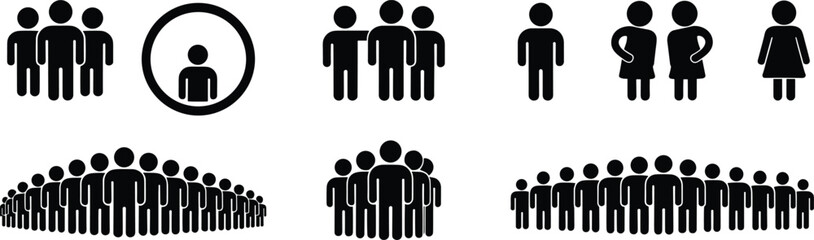 Group silhouette icon set, people formation vector, social interaction clipart, demographic symbol graphics, community crowd illustrations