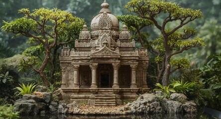 Fototapeta premium Miniature Stone Temple Surrounded by Lush Greenery and Reflective Waterscape.