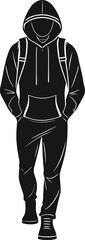 Black and white silhouette of a person wearing a hooded jacket and backpack male