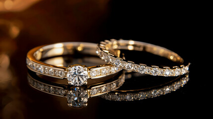 Elegant wedding rings with sparkling details on reflective surface