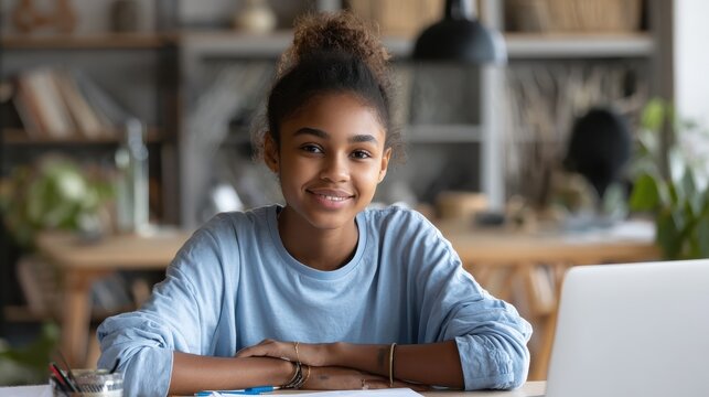 teenage african american girl high school student distance e learning group online class at home looking at camera video conference call remote classes and courses virtual digital education concept n