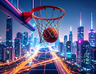 Fototapeta na wymiar Basketball in urban city lights