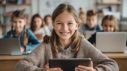 happy smiling teen elementary schoolgirl studying looking at tablet device sitting in classroom with group of schoolchildren using laptop computers modern technologies for education concept no logos