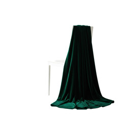 Sophisticated deep emerald green velvet formal evening gown elegantly draped over a minimalist bleached oak chair against a transparent seamless studio background, soft even lighting, no shadows,