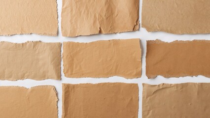 Fototapeta premium Nine Pieces of Torn Brown Craft Paper Arranged on a White Background, Top View.