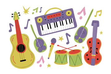 Obraz premium Musical Instruments Illustration: A vibrant illustration showcasing a diverse collection of musical instruments, including a guitar, keyboard, drums, and violin, ideal for musical concepts.