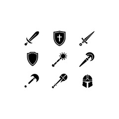 "A set of 8 black fill-only realistic vector icons of medieval weapons — swords, shields, maces, and helmets — historically accurate and bold."