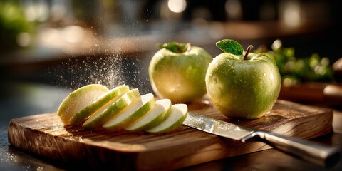 Sliced green apple with knife on wooden cutting board