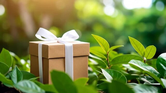 A brown gift box, tied with a white ribbon, nestled amongst lush green foliage, basking in sunlight. A thoughtful present