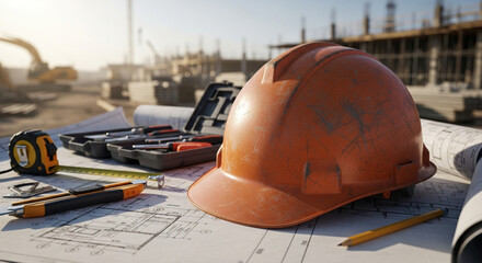 orange hard hat gleams under sunrise, shielding builder with vibrant energy, safety, and bold industrial style.

