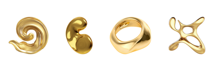 Abstract Gold Sculptures Set. Modern Art And Design Elements Collection Isolated On Transparent Background
