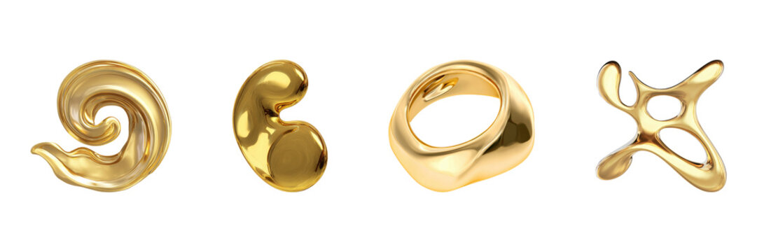 Abstract Gold Sculptures Set. Modern Art And Design Elements Collection Isolated On Transparent Background