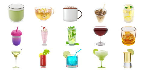Assorted Beverage Collection Set. Diverse Drink Selection For Refreshment And Celebration Isolated On Transparent Background