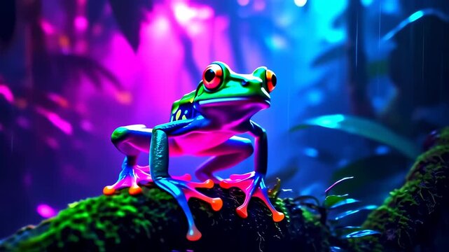 Vibrant neon frog in fantasy rainforest