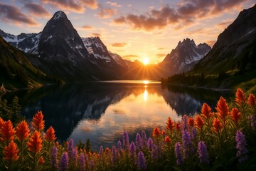Golden sun rises over a tranquil mountain lake, with its reflection mirrored on the water's surface amidst a serene summer landscape
