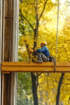 A construction worker working on a beam