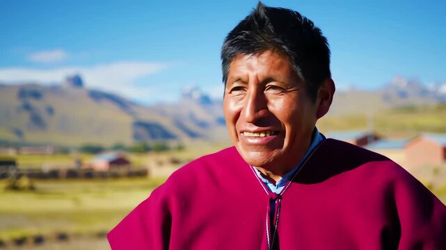 A happy indigenous Andean man wearing a traditional red poncho smiling outdoors in a mountain village