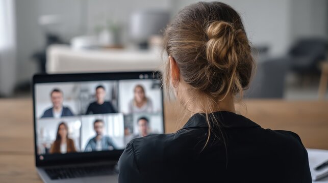 back view of business woman talking to her colleagues about plan in video conference multiethnic business team using laptop for a online meeting in video call group of people smart working from home 
