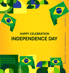 Brazil National Independence Day post template. Modern geometric abstract background in flag colors for Brazil Day, September 7th. Brazil Independence Day greeting card cover with flag and geometric