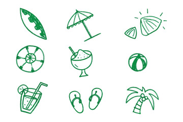 Summer Icons Doodle: A collection of hand-drawn doodle icons capturing the essence of summer fun and relaxation with a lighthearted feel.