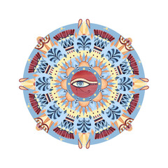 Ancient Egyptian composition with eye of Horus in center. Abstract round circle ornament. Geometric patterns, sacred lotus, palm shape. Watercolor isolated illustration in yellow, blue, red colors