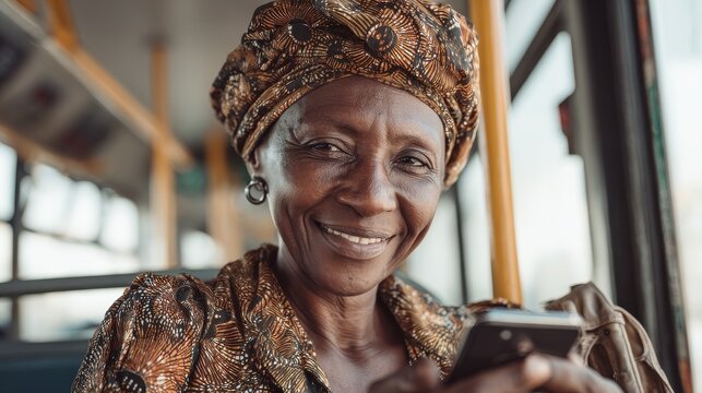 mature african woman smiling while using mobile phone inside bus  senior people and technology concept  soft focus on face no logos no brands ar 169 - Powered by Adobe