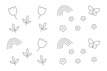 Obraz premium Delicate Floral Harmony: A minimalist collection of meticulously rendered floral designs. Graceful butterflies dance around charming floral elements.