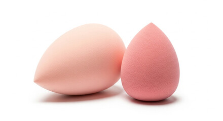 Set of two soft pink makeup sponges on white surface. Professional beauty tools for foundation blending and skincare application